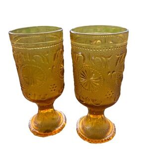 Vtg Brockway Glass American Amber Footer Goblet Set Of Two Tiara 107 Embossed